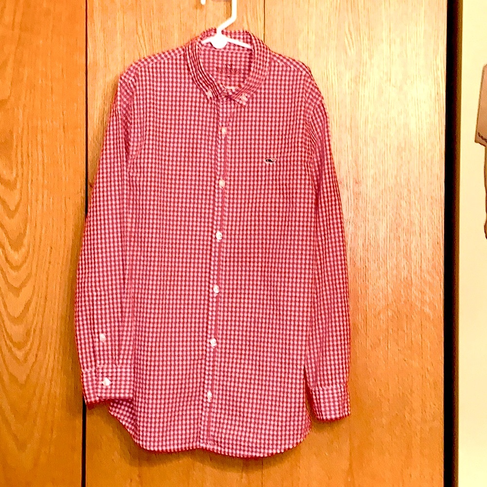 Vineyard Vines 12 - 14 M red white gingham check plaid button down collar shirt